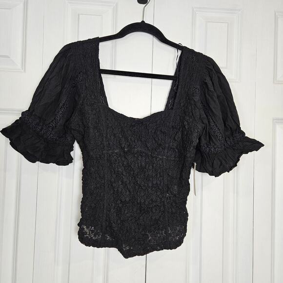 FREE PEOPLE Spring Fling Floral Knit Top Black NWT NEW Medium Crop Puff Sleeves - Picture 2 of 6